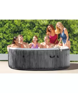 PISCINA IDROMASSAGGIO GONFIABILE INTEX "PURESPA GREYWOOD DELUXE" CON TELO BASE, TELO DI COPERTURA, DISPENSER, LUCE LED, DUE POGGIATESTA 6 PERSONE EFFETTO LEGNO GRIGIO 216X216X71 CM - COD. 28442NP