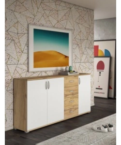 Credenza buffet BellaHome 3 ante 4 cassetti rovere e bianco 160x35x83 cm
