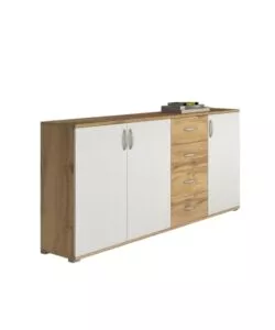 Credenza buffet BellaHome 3 ante 4 cassetti rovere e bianco 160x35x83 cm