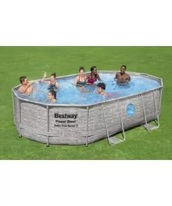 PISCINA FUORI TERRA CON STRUTTURA OVALE BESTWAY "POWER STEEL SWIM VISTA SERIES" CON FILTRO SABBIA, COPERTURA, SCALETTA E CHEMCONNECT 488X305X107 CM - COD. 56946-4