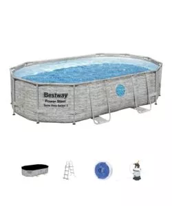 PISCINA FUORI TERRA CON STRUTTURA OVALE BESTWAY "POWER STEEL SWIM VISTA SERIES" CON FILTRO SABBIA, COPERTURA, SCALETTA E CHEMCONNECT 488X305X107 CM - COD. 56946-4