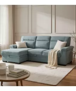 Divano angolare BellaHome "Erika" in tessuto azzurro zaffiro con penisola a sinistra 247x93/164x102 cm