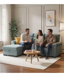 Divano angolare BellaHome "Erika" in tessuto azzurro zaffiro con penisola a sinistra 247x93/164x102 cm