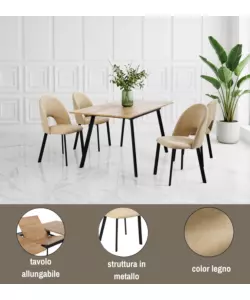 Set pranzo Bellahome "Andalusia" 4 sedie e 1 tavolo effetto legno
