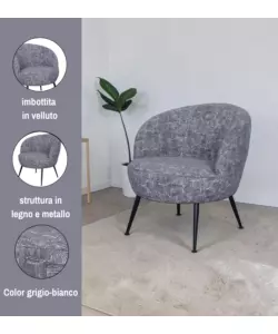 Poltroncina Bellahome "Nora" in velluto fantasia bianco e grigio 63x69x70 cm