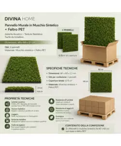 Rivestimento murale fonoassorbente Divina Home in muschio sintetico verde 60x2,1x60 cm 2 pezzi