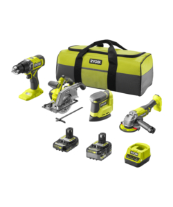 Kit valigetta trapano a percussione, sega circolare, levigatrice orbitale e smerigliatrice angolare Ryobi "RPD18 + R18CSP + RPS18 + RAG18125" 2 batterie 18V 2Ah/5Ah