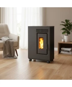 Stufa a pellet ventilata slim Caris "Fiore" nero con kit ruote 5,0 kW