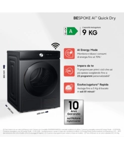 Asciugatrice a pompa di calore Samsung "DV90DB7845GBU3" carico 9 kg classe energetica A