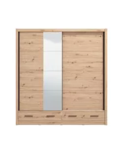 Armadio scorrevole "Alba" con specchio e cassetti rovere 205x60x215 cm