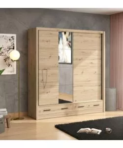 Armadio scorrevole "Alba" con specchio e cassetti rovere 205x60x215 cm