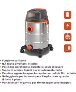 Aspiratore solidi liquidi elettrico Black&Decker "BXVC30XDE" 1600w 30lt 37l/s
